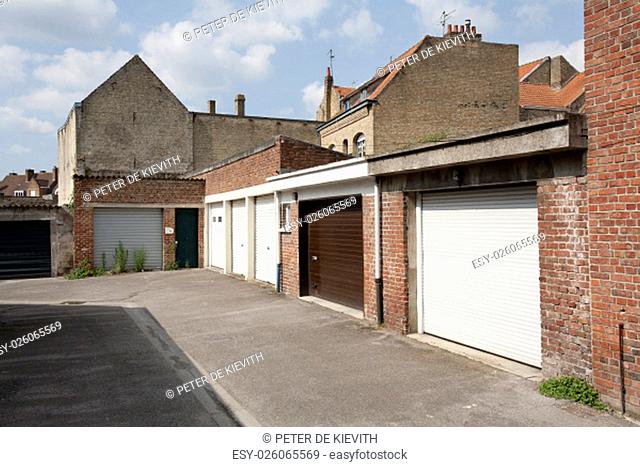 Garage doors at the backside of the houses in Bergues, France