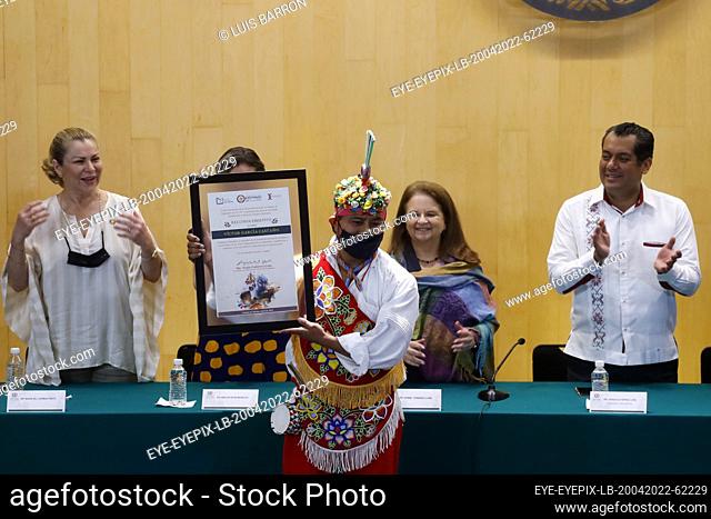 MEXICO CITY, MEXICO - APR 20, 2022: Victor García Castaño, Papantla flyer, during the Awards ceremony receives a recognition as an outstanding Veracruzano at...