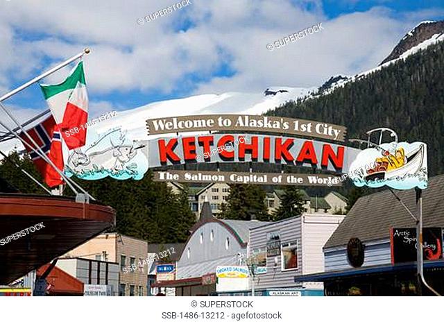Welcome sign of a city, Ketchikan, Alaska, USA