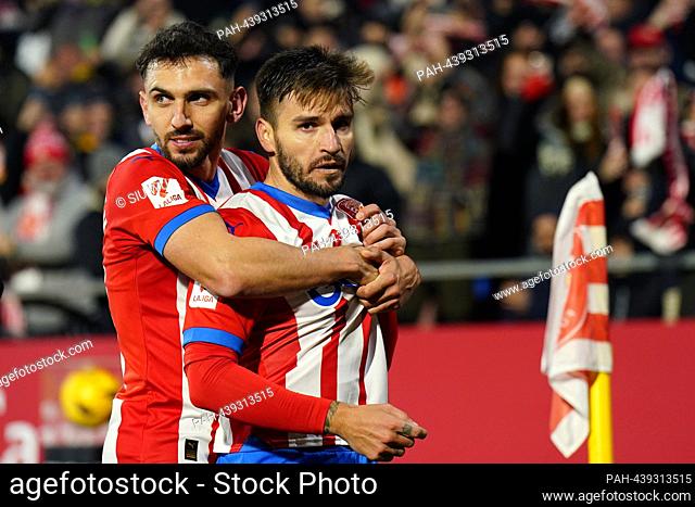 Portu (Girona FC) celebrates with his teammates after scoring during La Liga football match between Girona FC and Deportivo Alaves