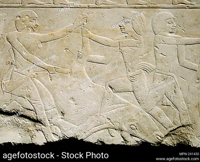 Fragment of a Tomb Wall Depicting Offering Bearers and Butchers - Old Kingdom, mid–Dynasty 5–early Dynasty 6 (about 2445–2287 BC) - Egyptian