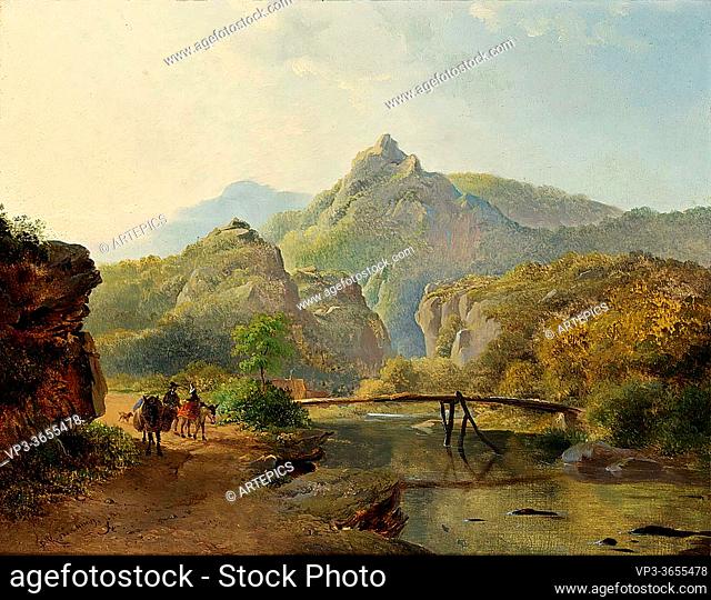 Kruseman Frederik Marinus - Travellers by a River in a Mountainous Landscape - Dutch School - 19th Century