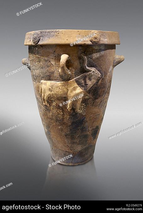 Minoan domestic libation vessel with the relief of a bull, Hagia Triada 1900-1700 BC; Heraklion Archaeological Museum, grey background