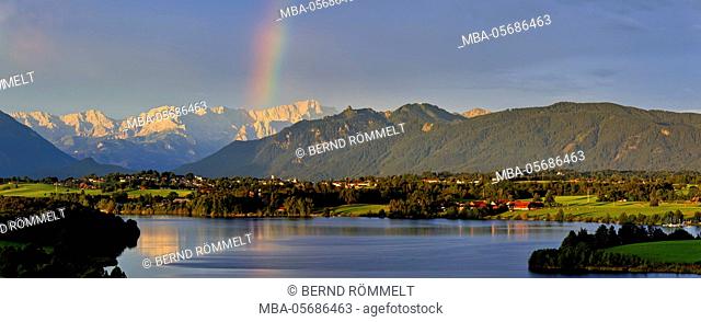 Germany, Bavaria, Upper Bavaria, Pfaffenwinkel, blue country, view about the Riegsee on Zugspitze, Ettaler Manndl, Laber, Ammergauer alps