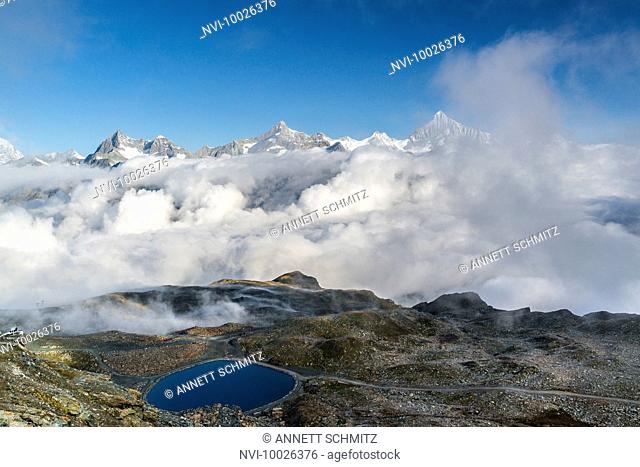 View from Gornergrat (3089 m) at sunrise to Pennine Alps, Zermatt, Switzerland