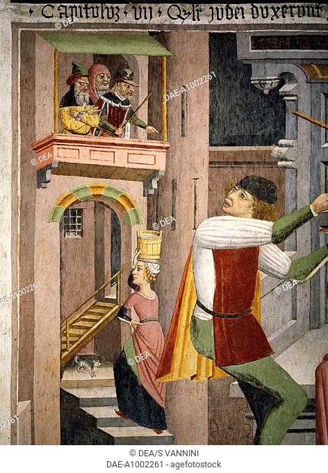 View of a village, detail from Jesus Christ beaten before Herod, 1491, fresco, by Giovanni Canavesio, 1491, in the Notre-Dame des Fontaines Chapel, La Brigue