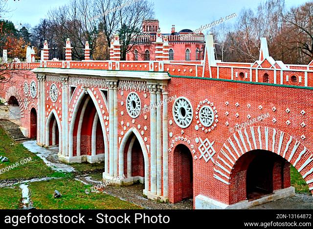 Moscow, Russia, Tsaritsyno - November 19, 2018: Great bridge over the ravine, Gothic bridge. Palace and Park ensemble in the South of Moscow