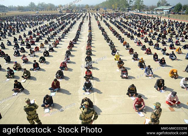 Candidates who had initially applied and gone through the physical tests appeared for a written test during the BSF recruitment drive in Srinagar