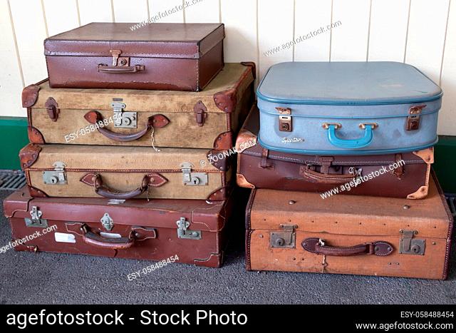 EAST GRINSTEAD, WEST SUSSEX/UK - AUGUST 30 : Old suitcases at East Grinstead Bluebell railway station West Sussex on August 30, 2019