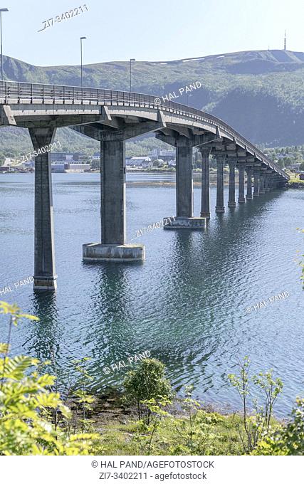 concrete pillars of high bridge, shot under bright summer light at Stokmarknes, Hadseloya, Vesteralen, Norway