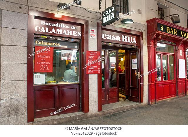 Facade of Casa Rua restaurant. Ciudad Rodrigo street, Madrid, Spain