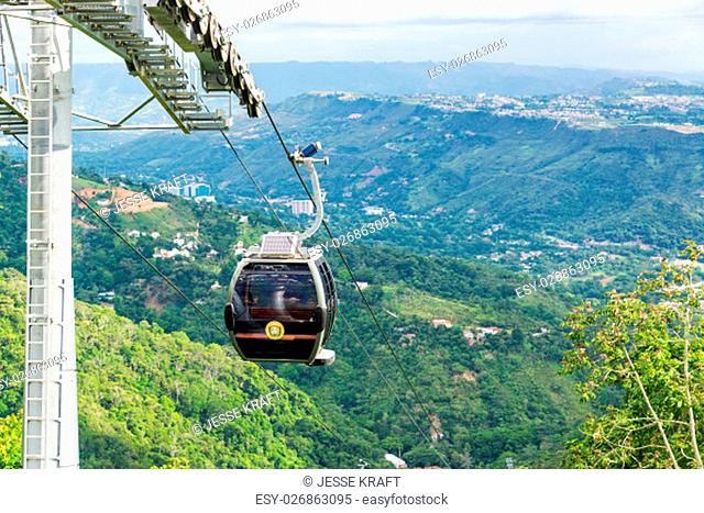 View of a cable car and jungle landscape in Floridablanca, Colombia
