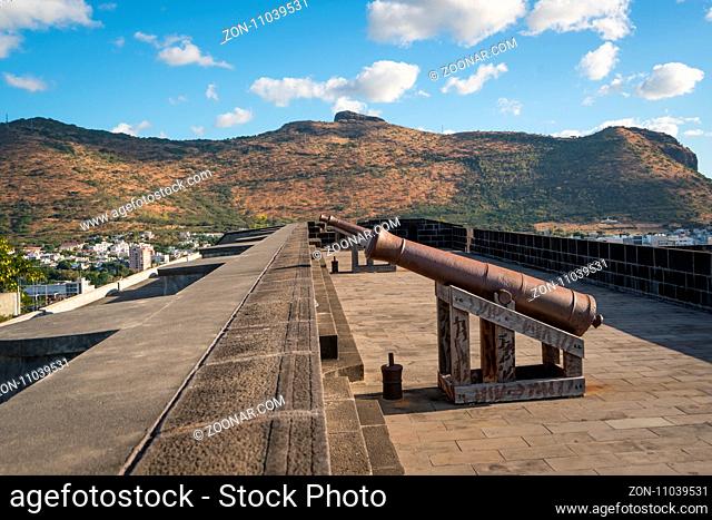Nice view of cannons in older fortress located in Port Louis, Mauritius