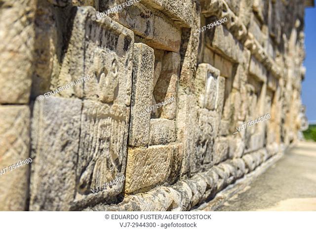 Detail in the pyramid of the Magician in the prehispanic Mayan city of Uxmal Archaeological Site, Yucatan Province, Mexico, North America