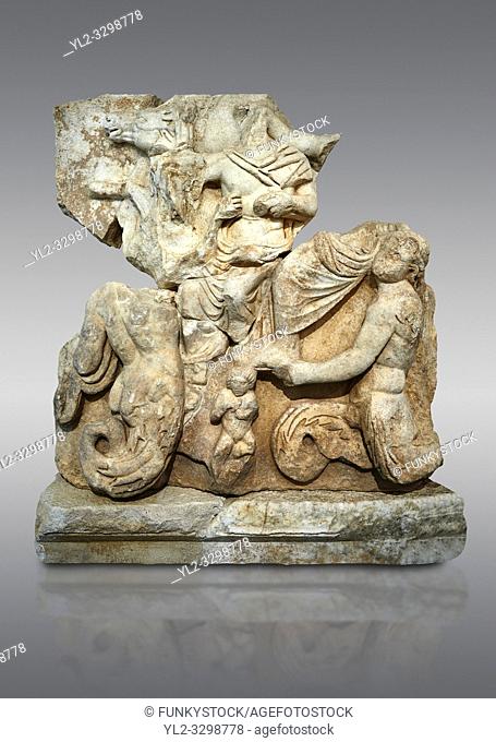 Roman Sebasteion relief sculpture of Poseidon and Amphitrite, Aphrodisias Museum, Aphrodisias, Turkey. . . The two god-like tritons, Poseidon and Amphitrite