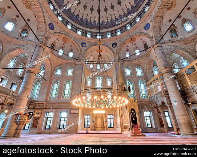 Interior low angle shot of Eyup Sultan Mosque situated in the Eyup district of Istanbul, Turkey, outside the city walls near the Golden Horn