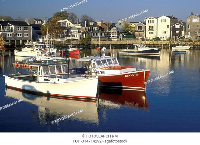 lobster boats, Rockport, Massachusetts, MA, Fishing boats docked in Rockport Harbor in the fishing village of Rockport in the fall