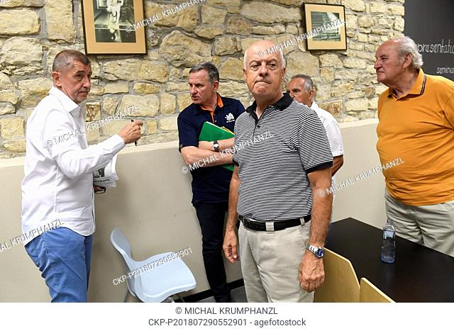 Czech Prime Minister Babis (ANO), left, and Zlin Regional Governor and senator Jiri Cunek, 2nd from left, arrived in Horomerice, Czech Republic, on July 29