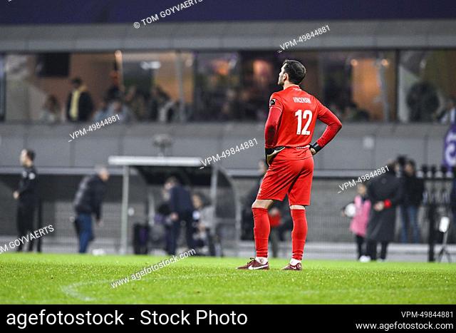 Virton's goalkeeper Thomas Vincensini shows defeat after a soccer match between K. Beerschot V.A. and RE Virton, Saturday 12 November 2022 in Antwerp
