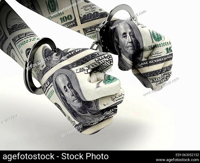 Handcuffed hands with dollar texture. 3D illustration