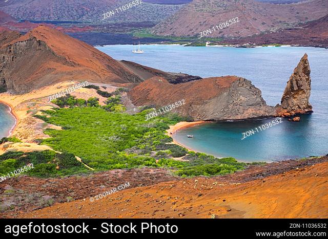 View of Pinnacle Rock on Bartolome island, Galapagos National Park, Ecuador. This island offers some of the most beautiful landscapes in the archipelago
