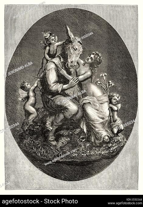 Midsummer Nights Dream by William Shakespeare. Titania caressing Bottom with his donkey head. Old 19th century engraved illustration, El Mundo Ilustrado 1880