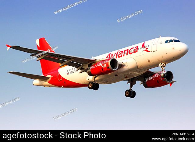 Lima, Peru ? February 1, 2019: Avianca Airbus A319 airplane at Lima airport (LIM) in Peru