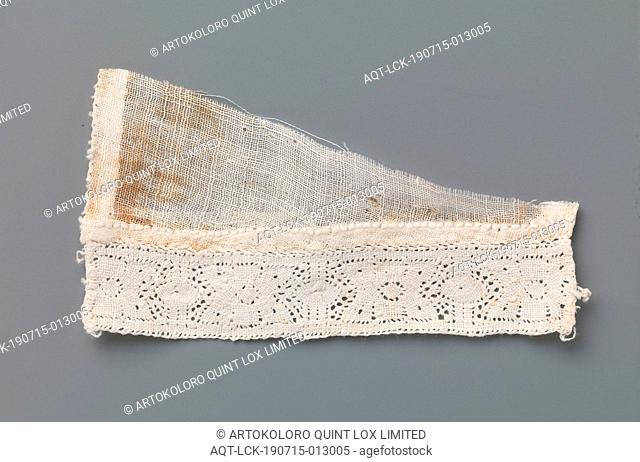 Strip of bobbin lace with stylized flower between two vertical lines and ovals on a triangular fragment of linen batist, Strip of natural-colored bobbin lace