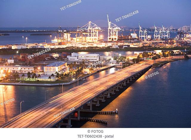 USA, Florida, Miami, Commercial dock at dusk