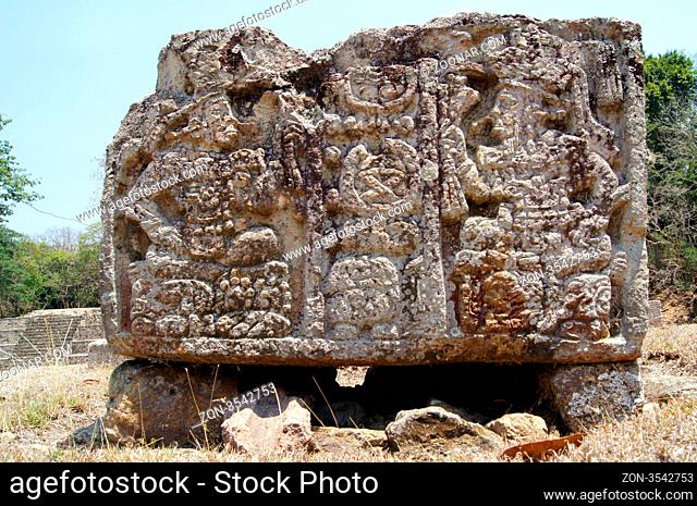 Stone stela with mayan inscriptures in Copan, Honduras