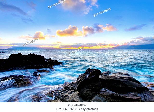Island Maui tropical cliff coast line with ocean. Hawaii