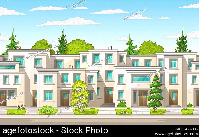 Modern town buildings with smal gardens on a street in summer. Concept for real estate, architecture, advertising, web backgrounds