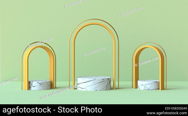 Green and brown abstract background with three marble pedestal 3D render illustration