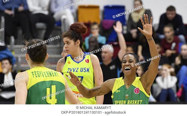 Yvonne Turner of Sopron, right, reacts during the Women's Basketball European League 13th round group A match ZVVZ USK Praha vs Sopron in Prague, Czech Republic