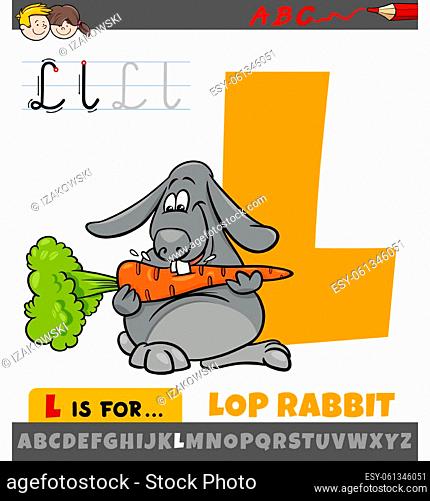 Educational cartoon illustration of letter L from alphabet with lop rabbit animal character