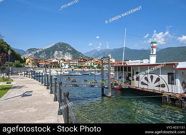 Townscape with harbor and beach, Feriolo, Piedmont, Italy, Europe. View of Feriolo on Lake Maggiore. Feriolo is a town in Piedmont in Northern Italy