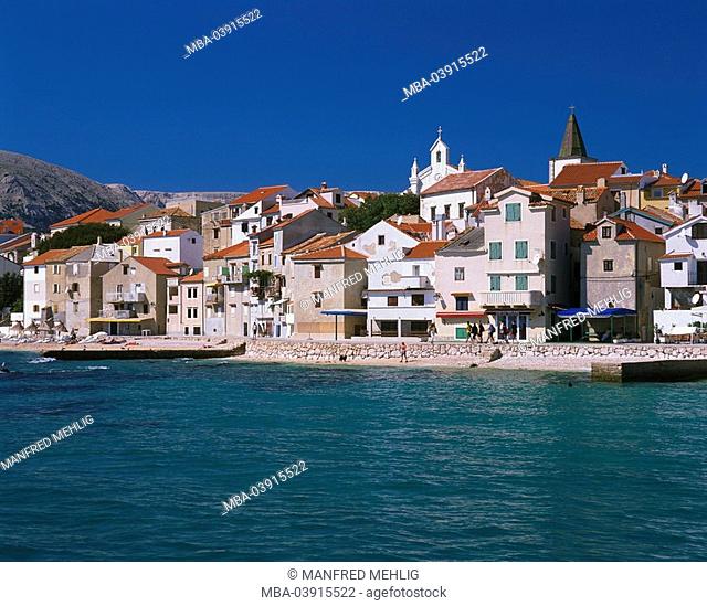 Croatia, Istria, island Krk, Baska, locality perspective, coast, Adriatic Sea, lake, water, place, houses, gravel beach, destination, people, tourists, tourism