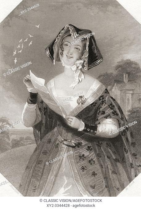 Mrs Ford. Principal female character from Shakespeare's play The Merry Wives of Windsor. From Shakespeare Gallery, published c. 1840