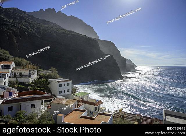 The bay of Alojera and Las Salinas is surrounded by steep cliffs, Alojera, La Gomera, Spain, Europe