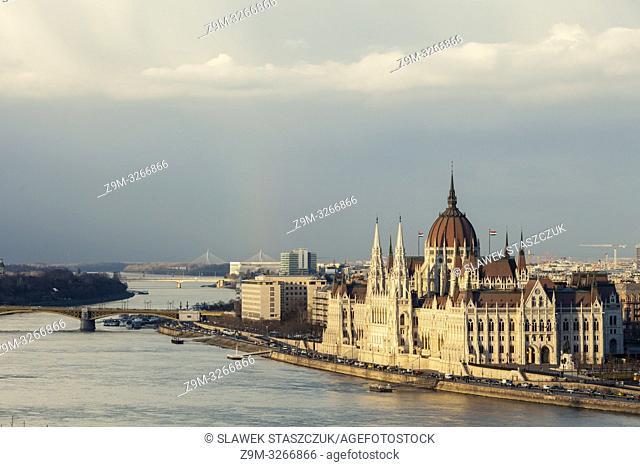 Sunset at the Hungarian Parliament in Budapest, Hungary