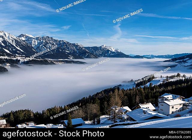 View from Rohrmoos to the Dachstein massif, morning fog, sunrise, Austria