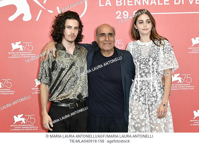 Director Amir Naderi with Monk Serrell Freed, Sophie Lane Curtis during Magic Lantern photocall. 75th Venice International Film Festival, Venice