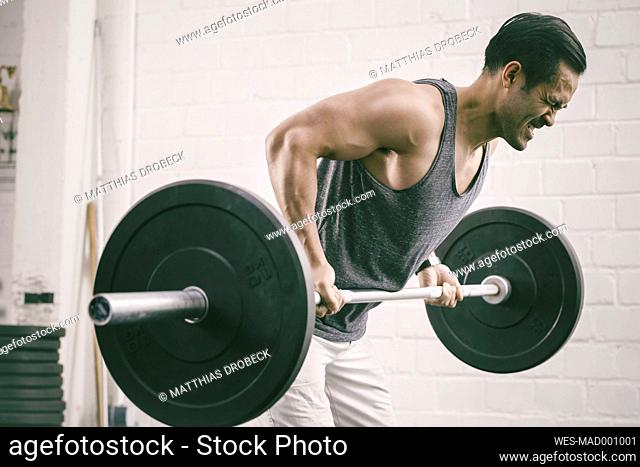 Man in gym lifting weights