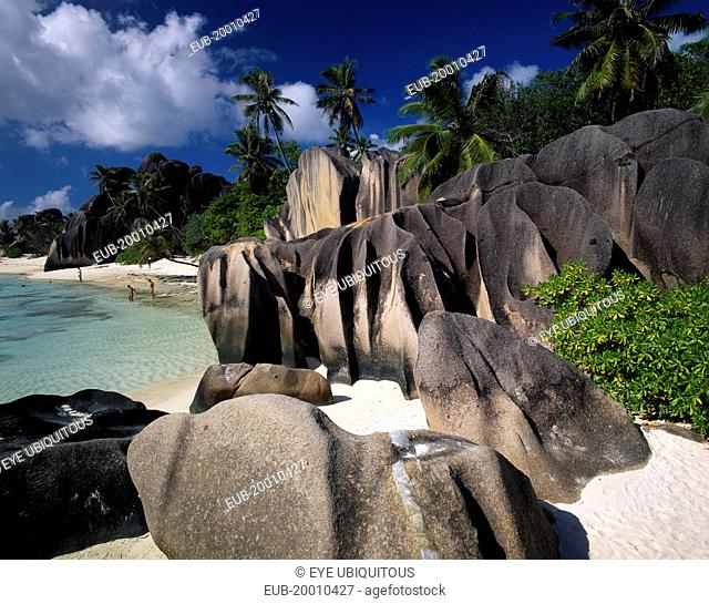 Large, smoothly eroded rocks with graduated colour tones and tidemarks. Clear blue water, palm trees and stretch of white sand behind
