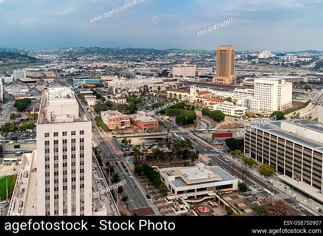 Aerial Los Angeles downtown skyscrapers in Los Angeles California USA