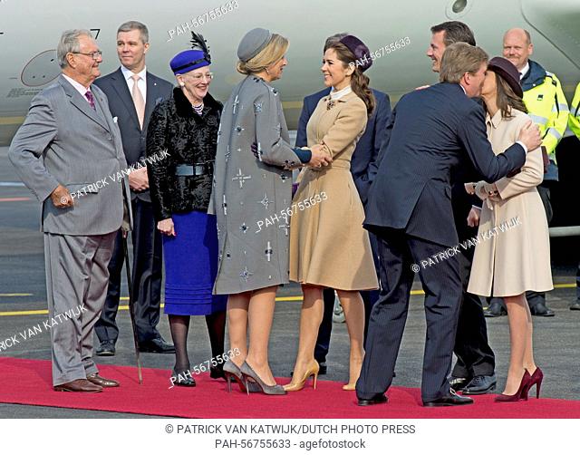 King Willem-Alexander and Queen Maxima of The Netherlands are welcomed by Danish Queen Margrethe, Prince Henrik, Crown Princess Mary, Crown Prince Frederik