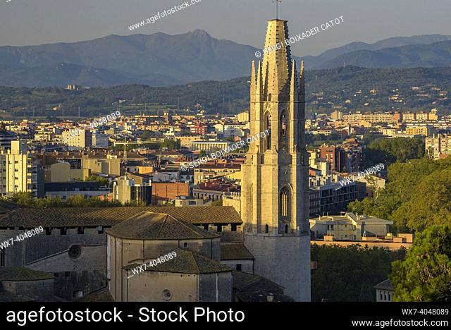 City of Girona and basilica of Sant Feliu in the morning. In the background, the Montseny mountain (Catalonia, Spain)