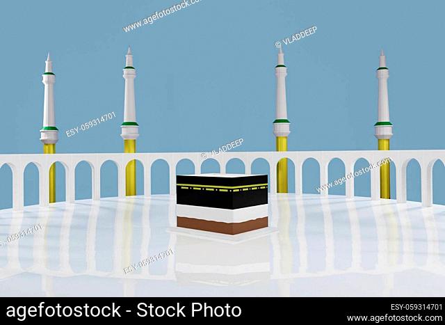 Islamic pilgrimage. Kaaba for hajj steps in Al-Haram Mosque Mecca Saudi Arabia on blue sky - Eid Adha Mubarak. 3d render