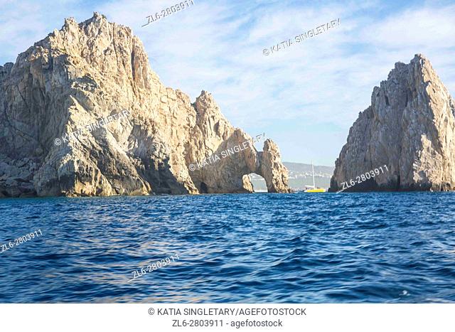 An close up at the opposite view of the iconic arch from sea at Land's End in Cabo San Lucas. Los Arco is the symbol of Cabo San Lucas, Mexico