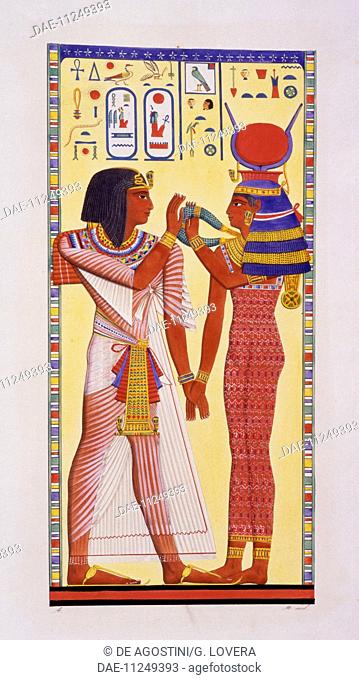 Seti I and the goddess Hathor, relief from the Tomb of Seti I in Biban el-Muluk, Plate LVIII, from Monuments of Egypt and Nubia, Historical monuments, 1832-1844